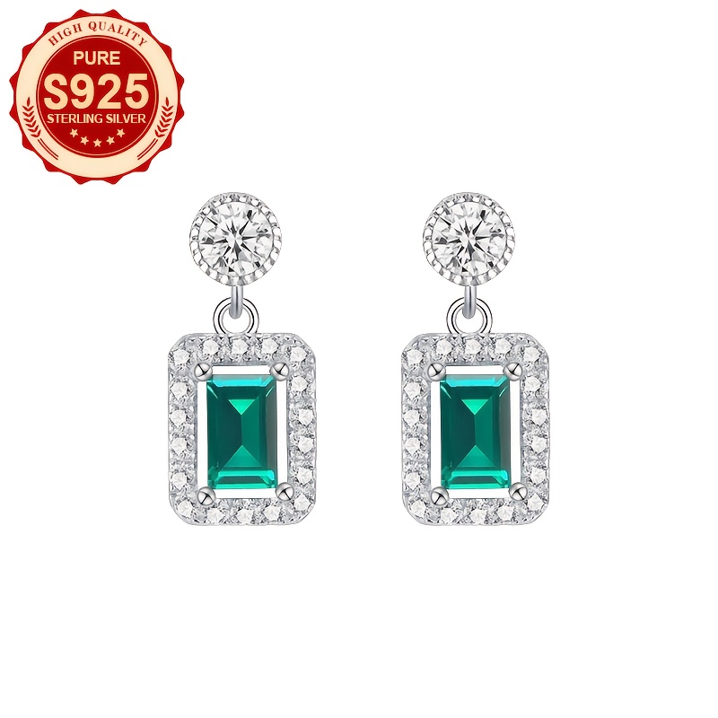 Women's Geometric Square Pendant Stud Earrings, 925 Silver